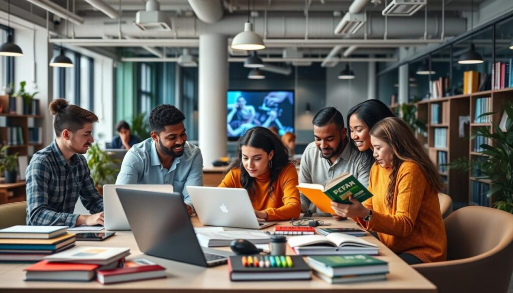 estudante feliz em ambiente de aprendizado flexivel