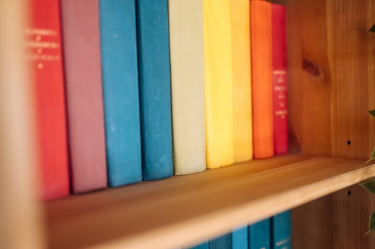 livros usados organizados em estantes coloridas