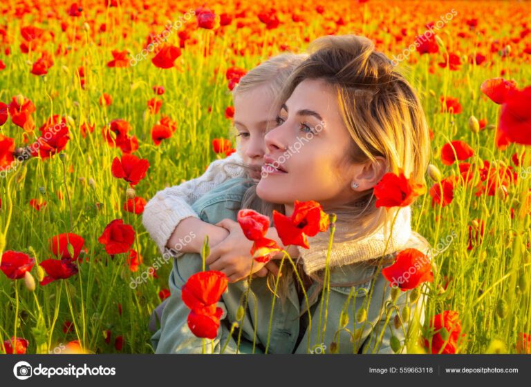 mae abracando crianca em um campo florido