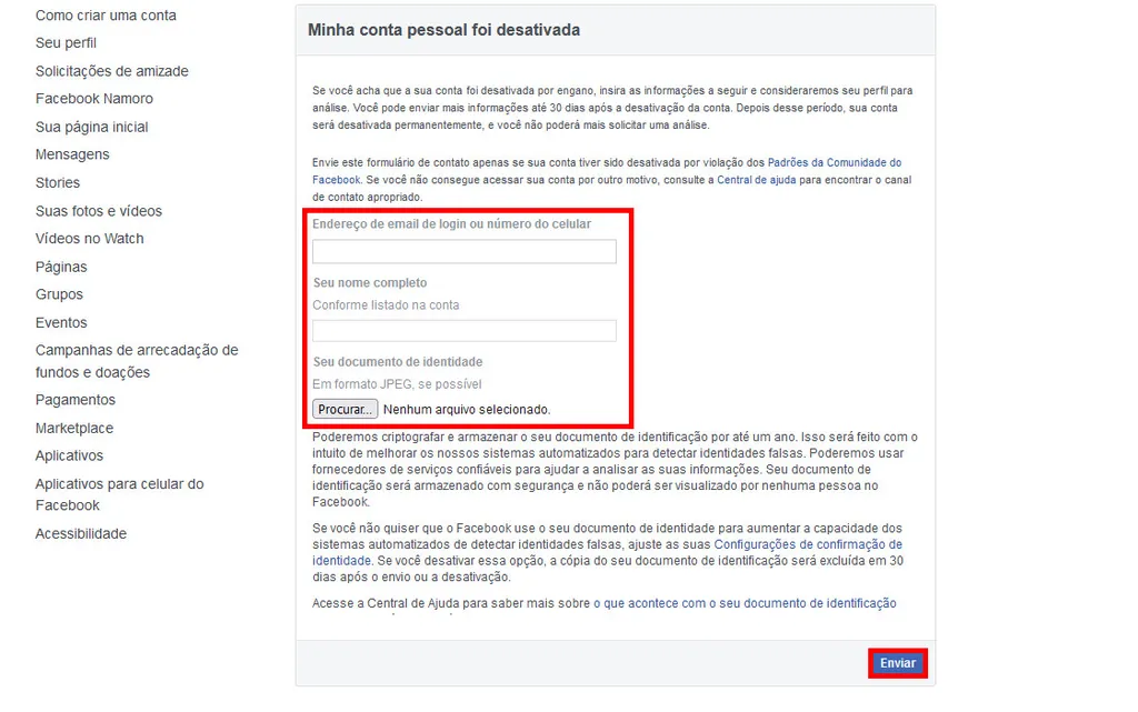 tela de erro do facebook em dispositivo movel